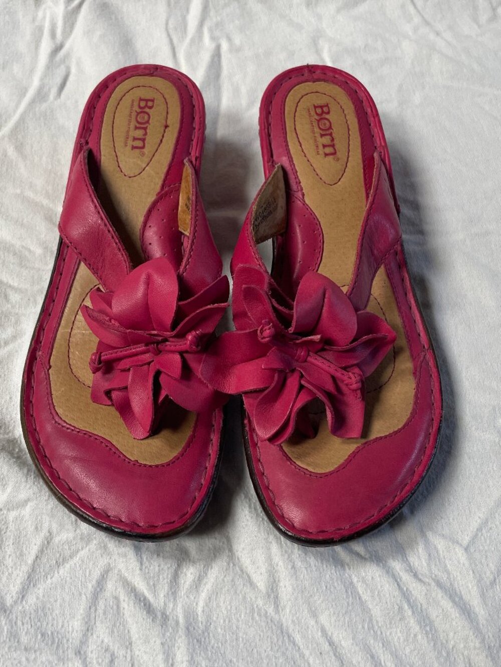 Børn Hot Pink Leather Flower Thong Wedge Sandals Size 8 / 39